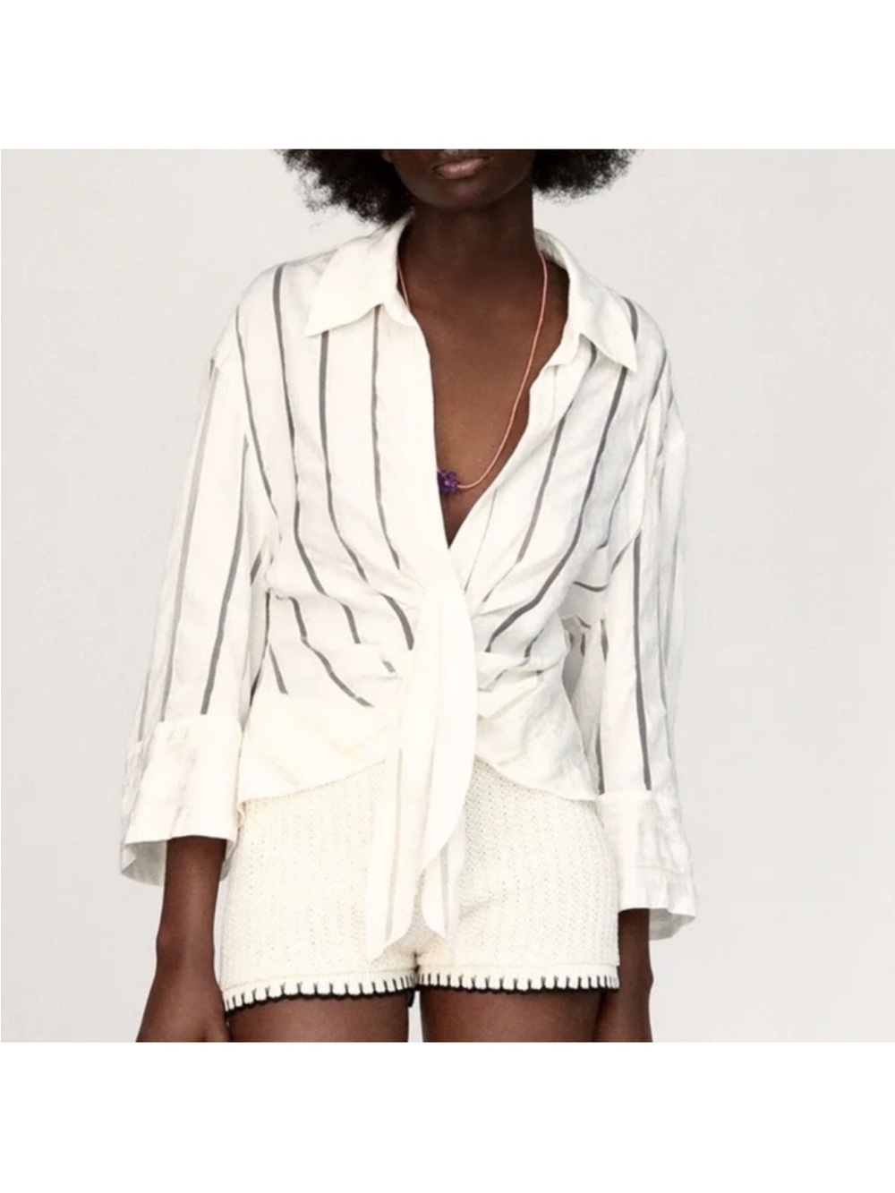 NEW ZARA Top Blouse 3/4 Sleeves Button Down Light Airy Cotton linen White SMALL